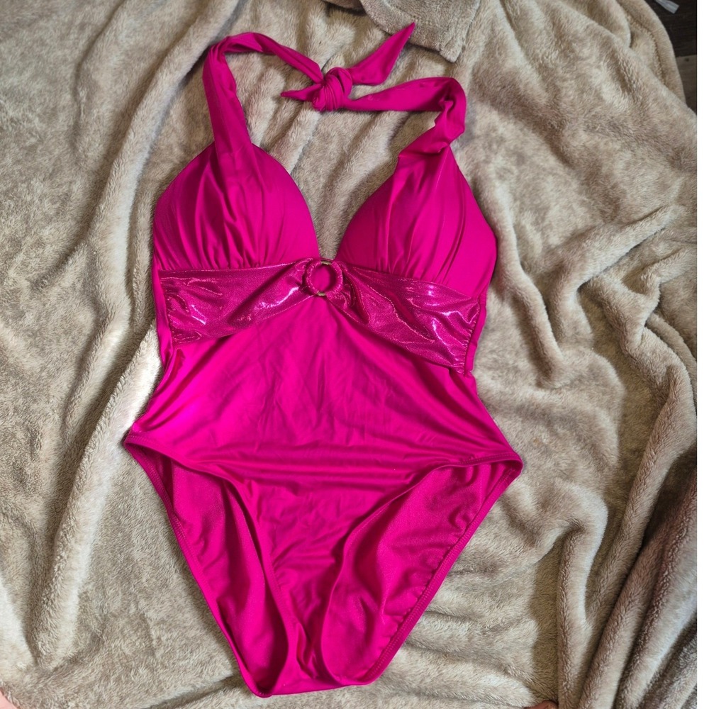 Mynah Magenta Halter One Piece Swimsuit Metallic Ring Detail LG New